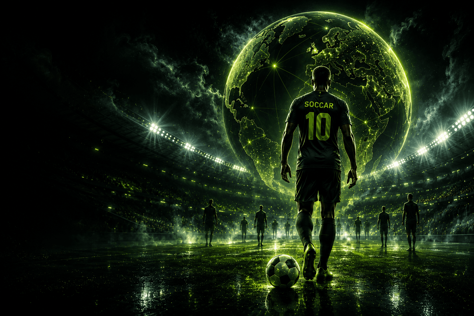 Football player standing inside a global stadium environment