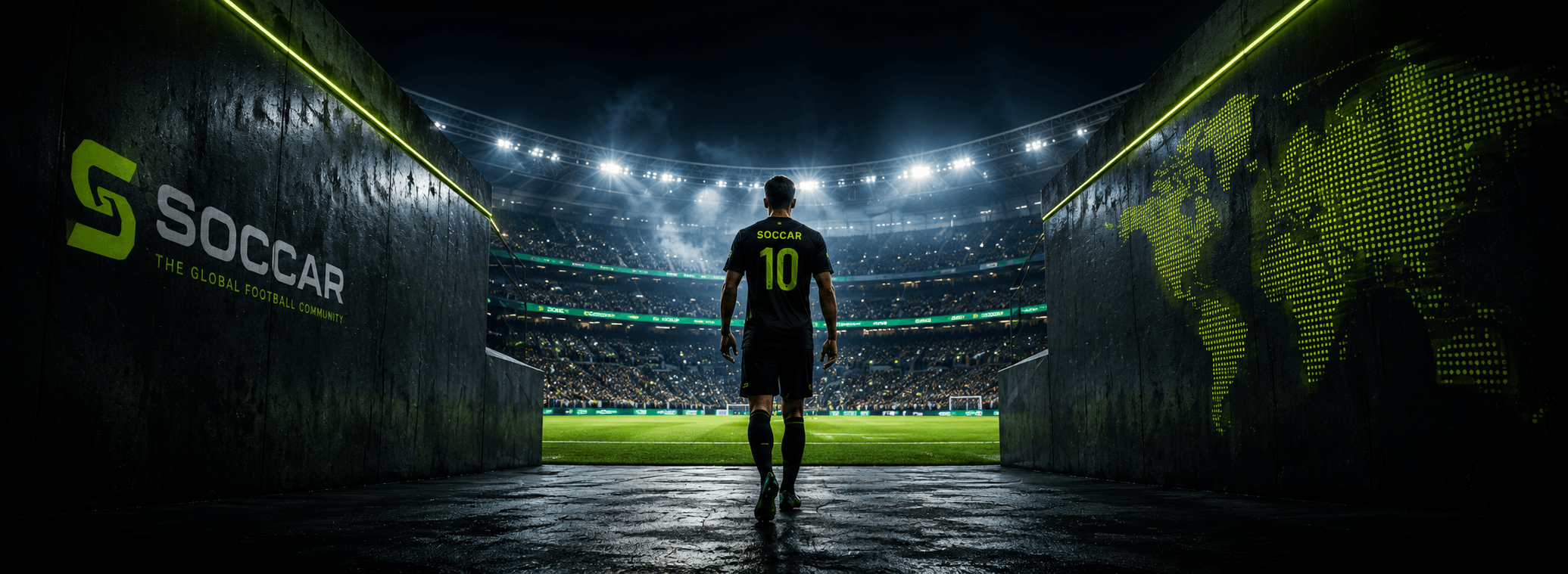 A SoccaR footballer walking through a stadium tunnel towards the pitch